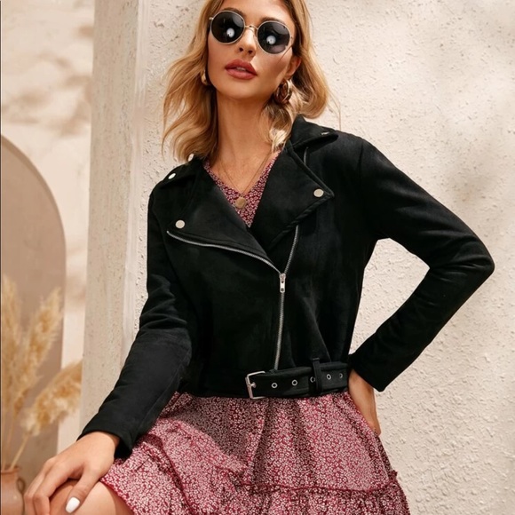 Moto jacket vegan suede black buckle belt biker - Picture 2 of 6